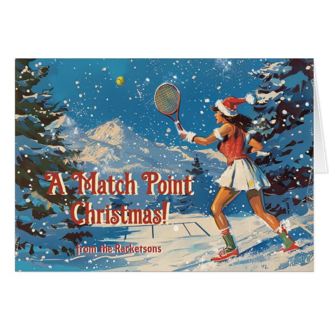 🎾🎄Custom text, retro Tennis Snowy Serve Cards (Front Horizontal)