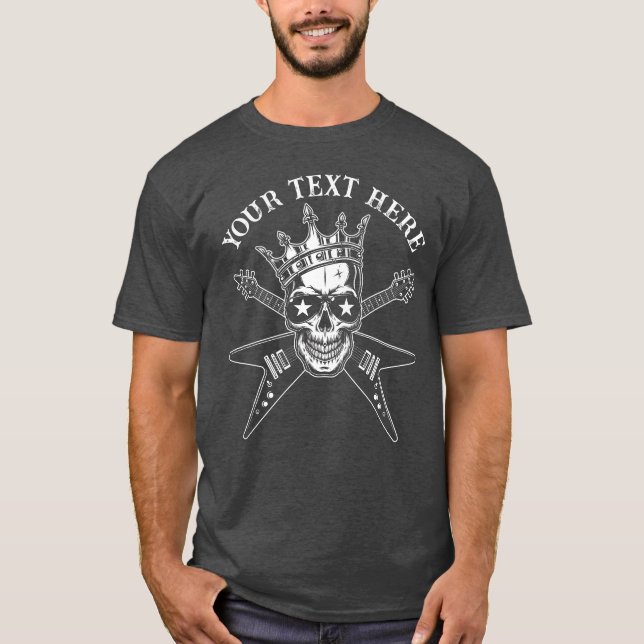 Custom Text Rock & Roll Skull II Crossed Guitars T-Shirt (Front)