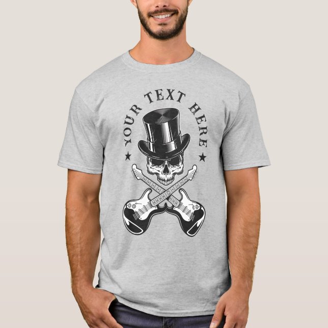 Custom Text Rock & Roll Skull with Crossed Guitars T-Shirt (Front)