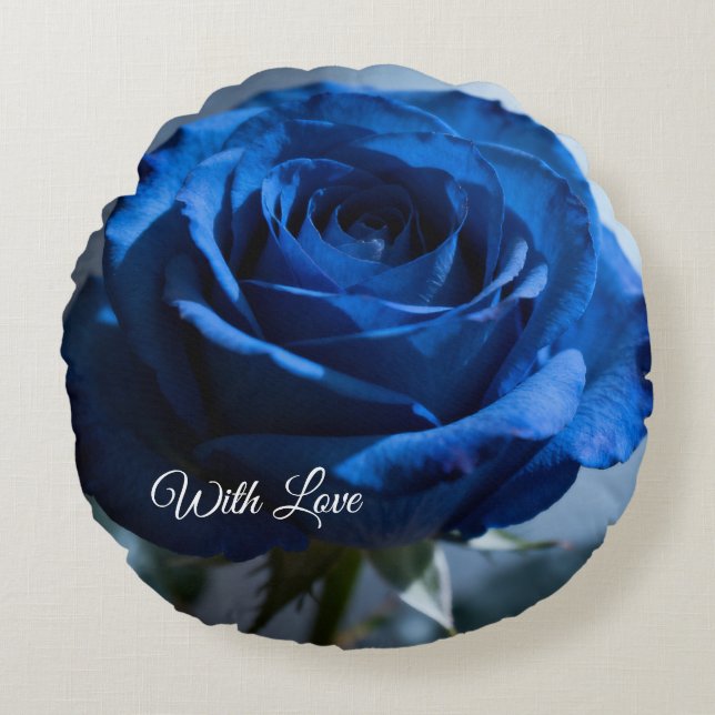 Custom Text – Romantic Blue Rose Floral Gift  Round Pillow (Front)