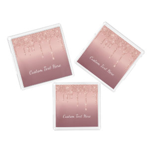 Custom Text Rose Gold Blush Glitter Acrylic Tray