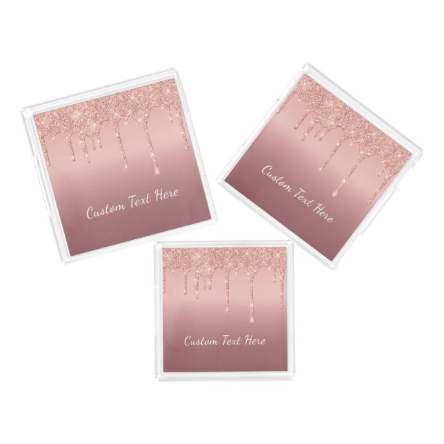 Custom Text Rose Gold Blush Glitter Acrylic Tray (Set)
