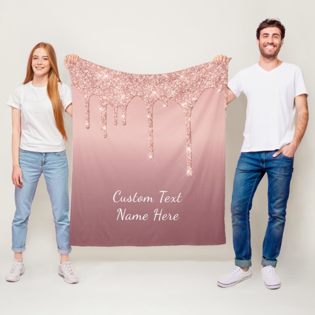 Custom Text Rose Gold Blush Glitter Fleece Blanket (In Situ)