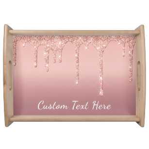 Custom Text Rose Gold Blush Glitter Serving Tray