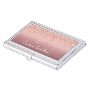 Custom Text Rose Gold Blush Glitter Sparkle Drips  Business Card Case