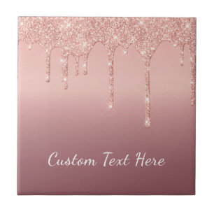 Custom Text Rose Gold Blush Glitter Sparkle Drips  Ceramic Tile