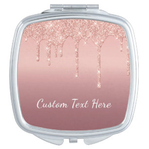 Custom Text Rose Gold Blush Glitter Sparkle Drips Compact Mirror