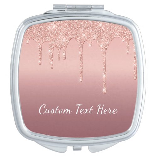 Custom Text Rose Gold Blush Glitter Sparkle Drips Compact Mirror
