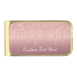 Custom Text Rose Gold Blush Glitter Sparkle Drips Gold Finish Money Clip