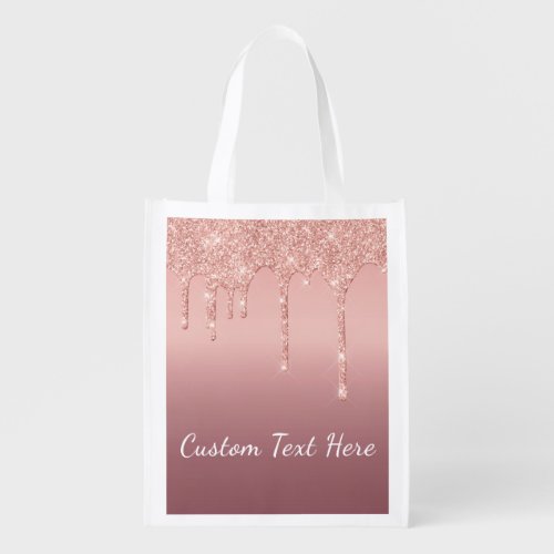 Custom Text Rose Gold Blush Glitter Sparkle Drips  Grocery Bag
