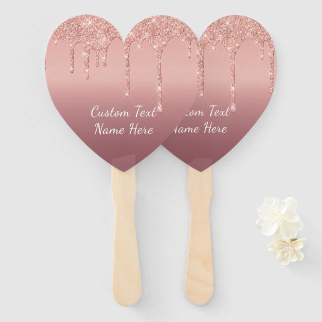 Custom Text Rose Gold Blush Glitter Sparkle Drips  Hand Fan (Front and Back)