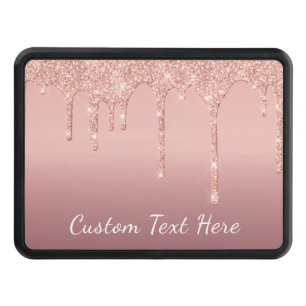Custom Text Rose Gold Blush Glitter Sparkle Drips Hitch Cover