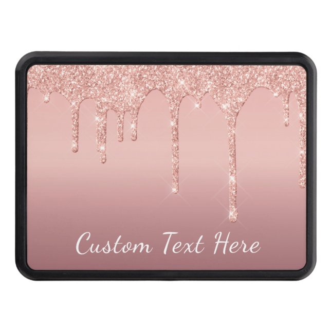 Custom Text Rose Gold Blush Glitter Sparkle Drips Hitch Cover (Front)