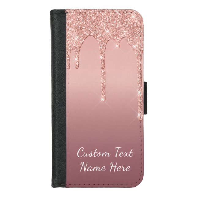 Custom Text Rose Gold Blush Glitter Sparkle Drips iPhone Wallet Case (Front)