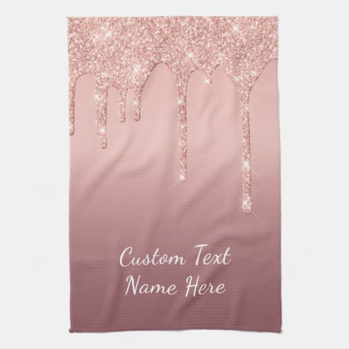 Custom Text Rose Gold Blush Glitter Sparkle Drips  Kitchen Towel