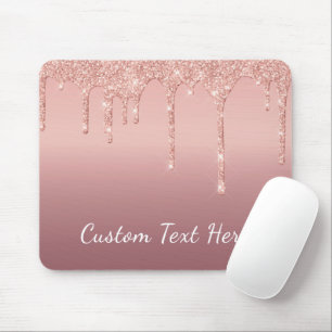 Custom Text Rose Gold Blush Glitter Sparkle Drips Mouse Pad