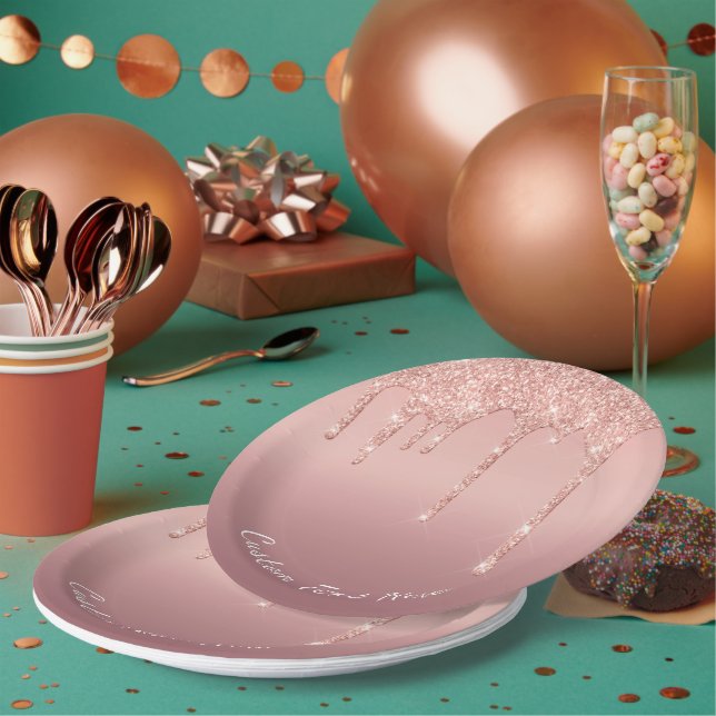Custom Text Rose Gold Blush Glitter Sparkle Drips  Paper Plates (Multi)