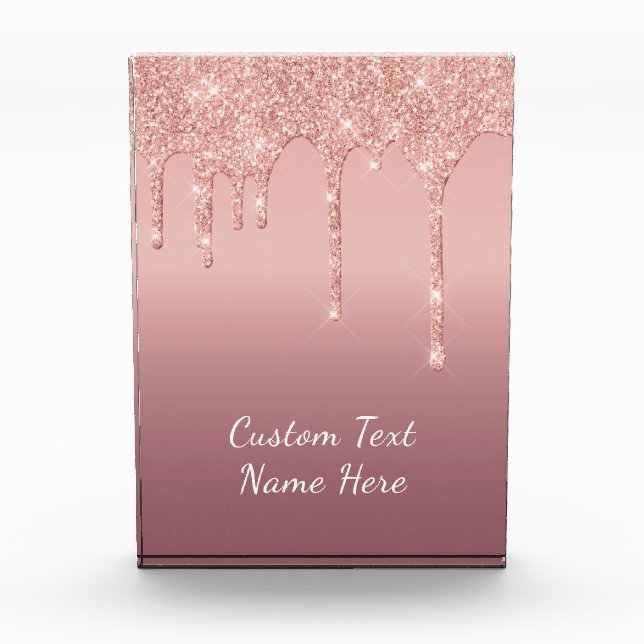 Custom Text Rose Gold Blush Glitter Sparkle Drips  Photo Block (Front)