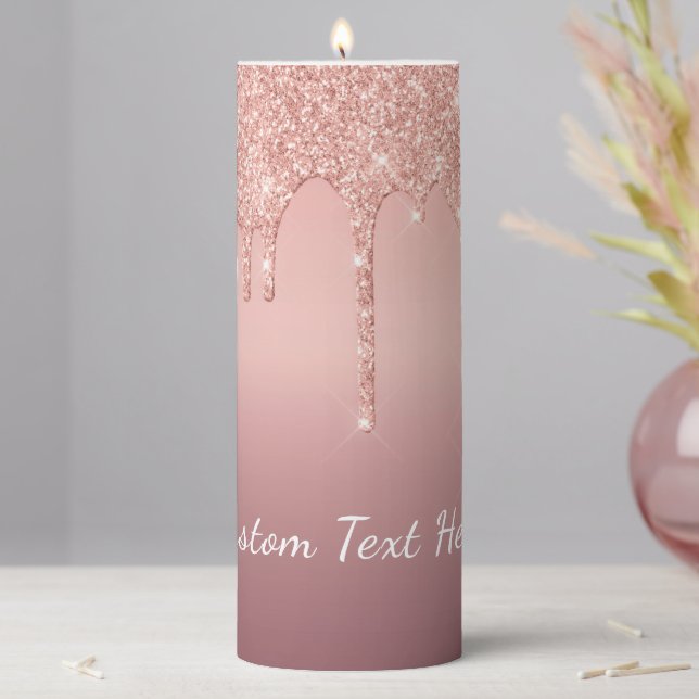 Custom Text Rose Gold Blush Glitter Sparkle Drips  Pillar Candle (In Situ)