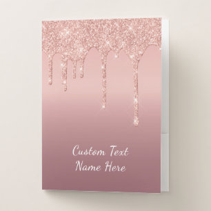 Custom Text Rose Gold Blush Glitter Sparkle Drips Pocket Folder