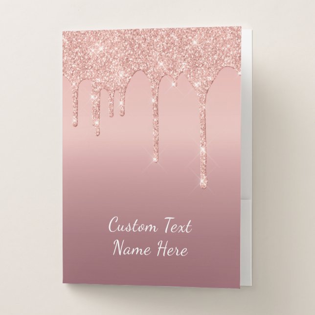 Custom Text Rose Gold Blush Glitter Sparkle Drips  Pocket Folder (Front)