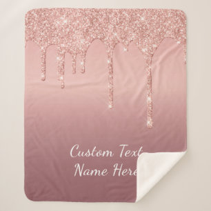 Custom Text Rose Gold Blush Glitter Sparkle Drips Sherpa Blanket