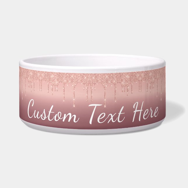 Custom Text Rose Gold Blush Glitter SPet Bowls (Front)