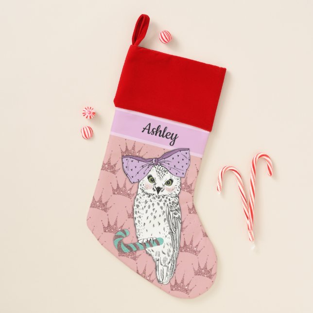 Custom Text / Rose Gold Glitter Blush Pastel Owl Christmas Stocking (Front)