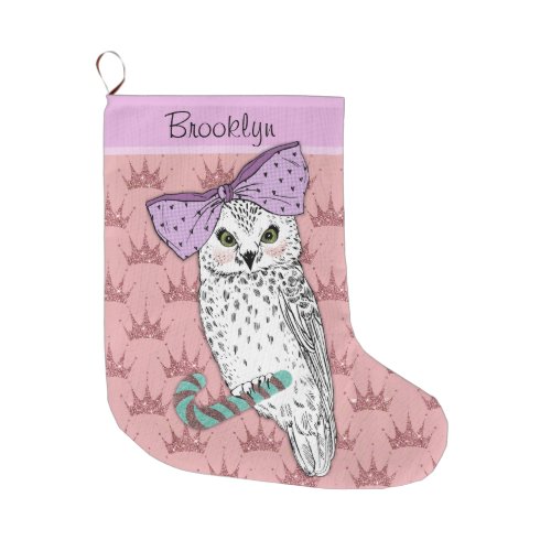 Custom Text  Rose Gold Glitter Blush Pastel Owl Large Christmas Stocking