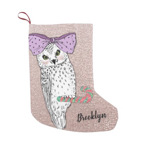 Custom Text  Rose Gold Glitter Blush Pastel Owl Small Christmas Stocking