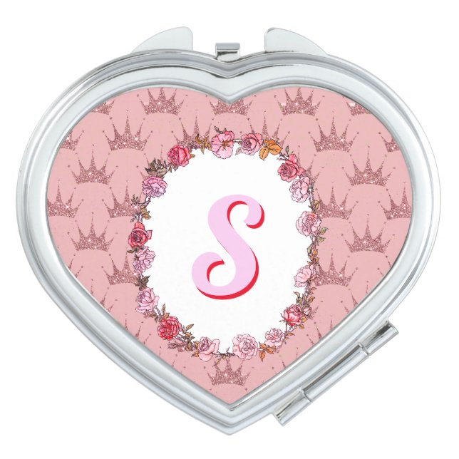 Custom Text/ Rose Gold Glitter Crown Floral Wreath Compact Mirror (Front)