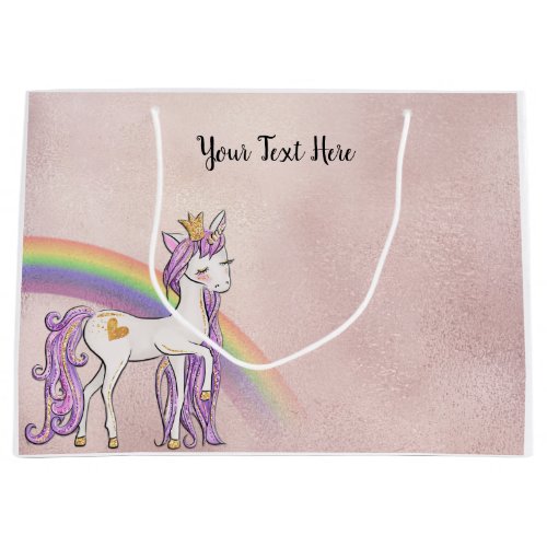 Custom Text Rose Gold White Unicorn Rainbow Large Gift Bag