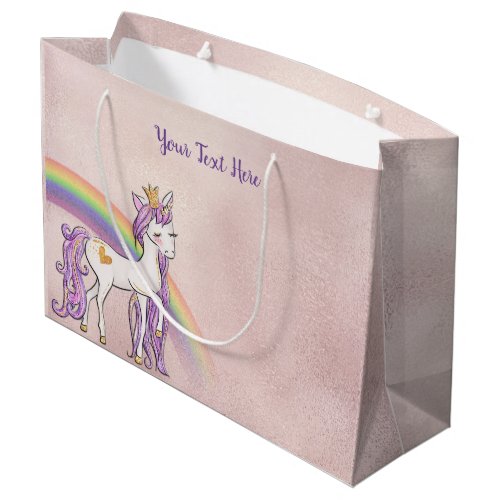 Custom Text Rose Gold White Unicorn Rainbow Large Gift Bag