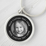 Custom text round photo black border keychain<br><div class="desc">Round keychain with your custom photo and text inside a black border with two dark gray lines. Change fonts and colors,  move and resize elements with the design tool.</div>