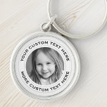Custom text round photo white border keychain<br><div class="desc">Round keychain with your custom photo and text inside a white border with two light gray lines. Change fonts and colors,  move and resize elements with the design tool.</div>