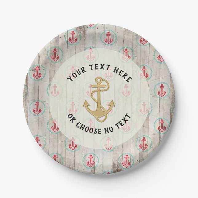 Custom Text/ Rustic Nautical Anchor Tropical Beach Paper Plates (Front)
