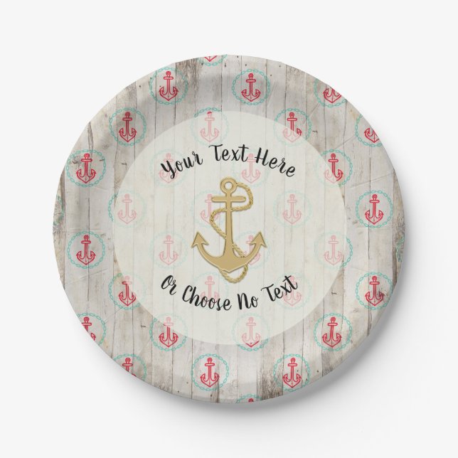 Custom Text/ Rustic Nautical Anchor Tropical Beach Paper Plates (Front)