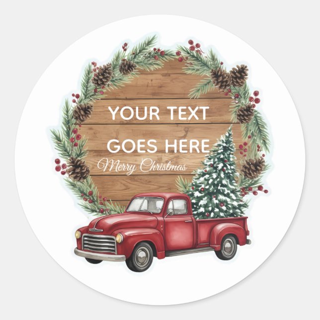 Custom Text Rustic Red Truck Christmas Wreath Classic Round Sticker (Front)