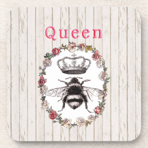 Custom Text/ Rustic Wood Country Wreath Crown Bee Beverage Coaster