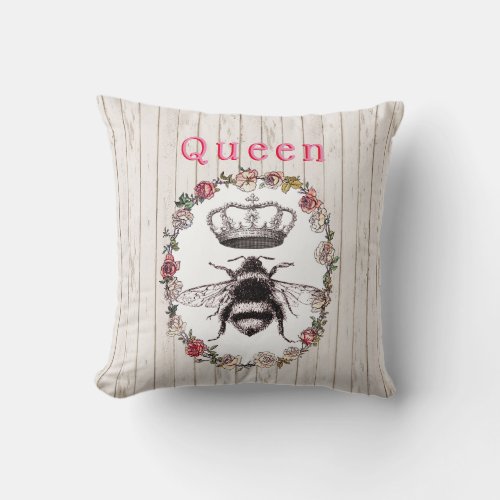 Custom Text Rustic Wood Country Wreath Crown Bee Throw Pillow