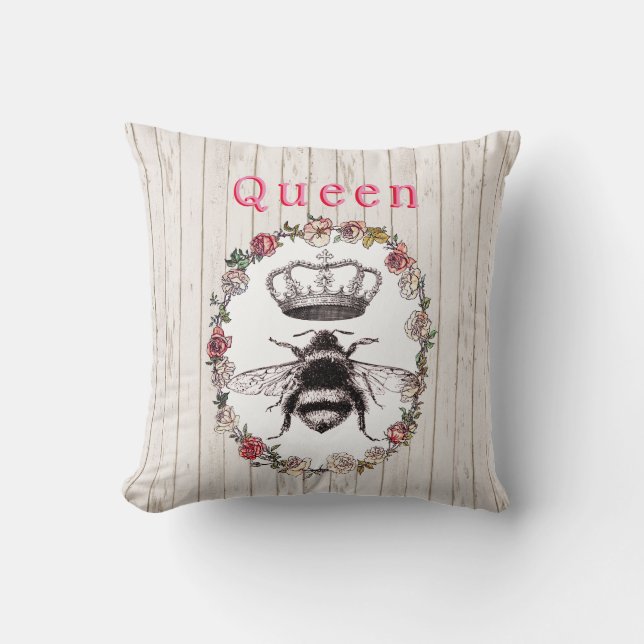 Custom Text/ Rustic Wood Country Wreath Crown Bee Throw Pillow (Front)