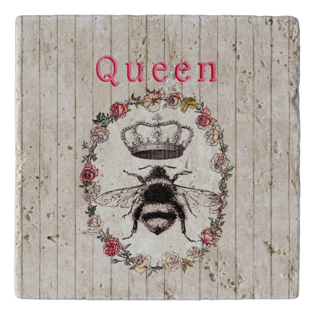 Custom Text/ Rustic Wood Country Wreath Crown Bee Trivet (Front)