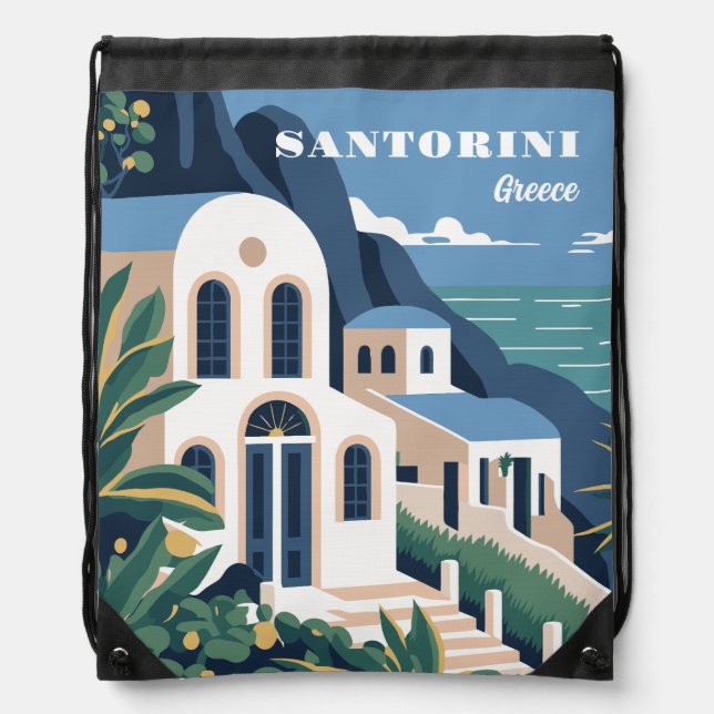 Custom Text Santorini Greece Drawstring Bag (Front)