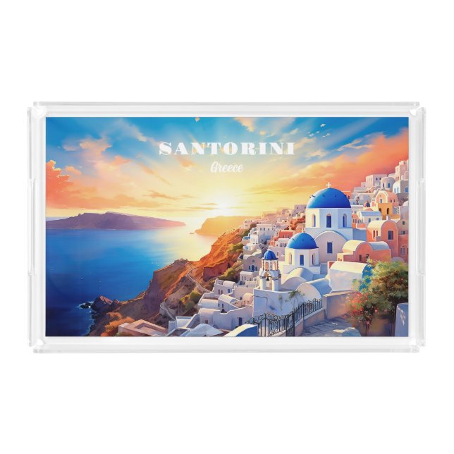 Custom Text Santorini Greece Sunset Acrylic Tray (Front)
