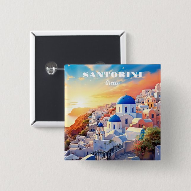 Custom Text Santorini Greece Sunset Button (Front & Back)