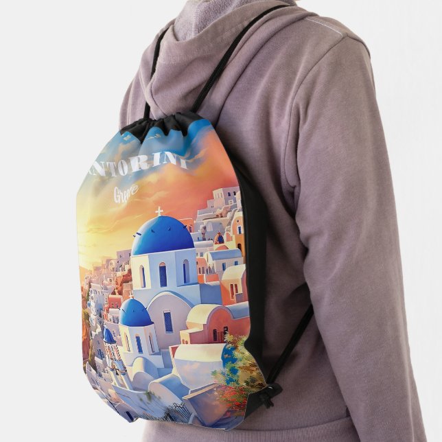 Custom Text Santorini Greece Sunset Drawstring Bag (Insitu)