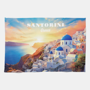 Custom Text Santorini Greece Sunset Kitchen Towel