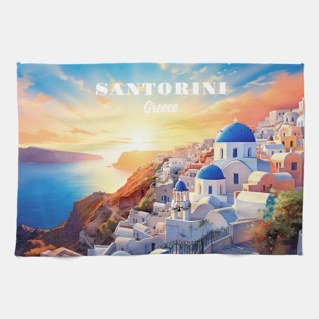 Custom Text Santorini Greece Sunset Kitchen Towel (Horizontal)