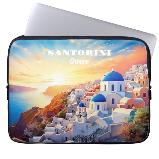 Custom Text Santorini Greece Sunset Laptop Sleeve (Front)