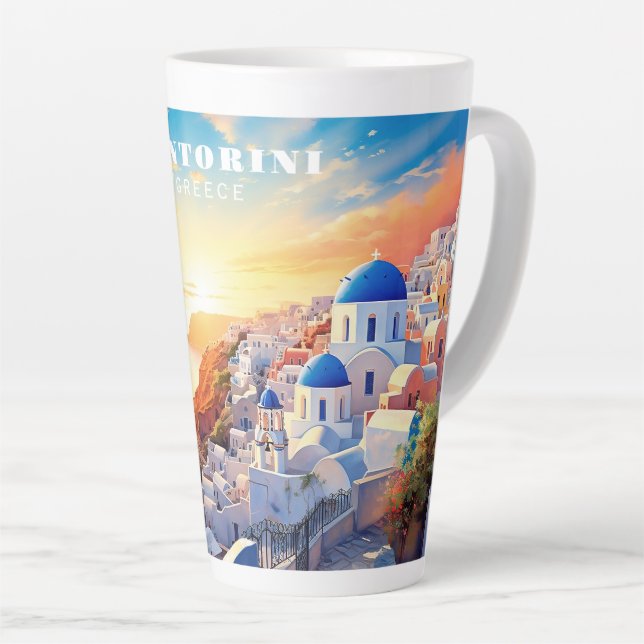 Custom Text Santorini Greece Sunset Latte Mug (Right Angle)